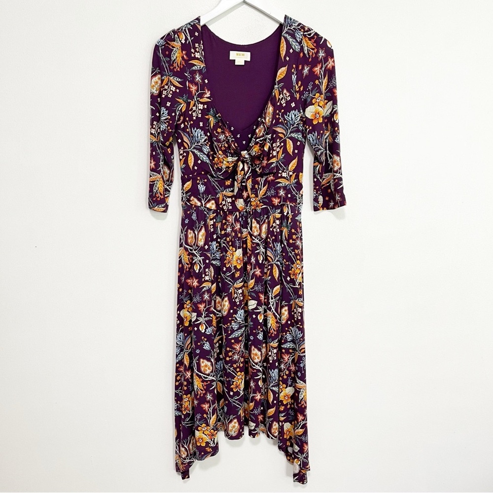 Anthropologie Purple Floral Tie-Front Midi Dress with Yellow Accents - Picture 3 of 10
